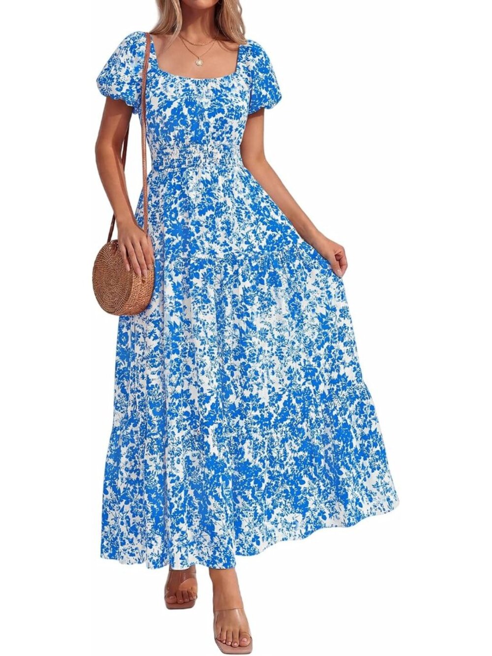 Women's Leaf Blue Summer 2026 Spring Floral Short Sleeve A-Line Maxi Dresses